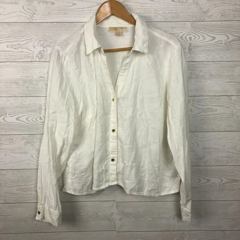 MICHAEL Michael Kors Women's XL Linen Blend Long Sleeve Button Front Shirt White